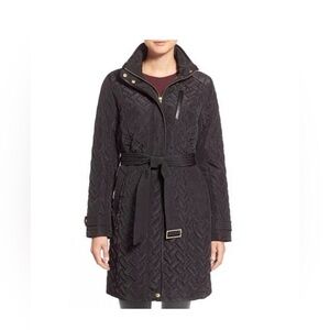 Cole Haan Black Quilted Trench Coat with Gold Accents